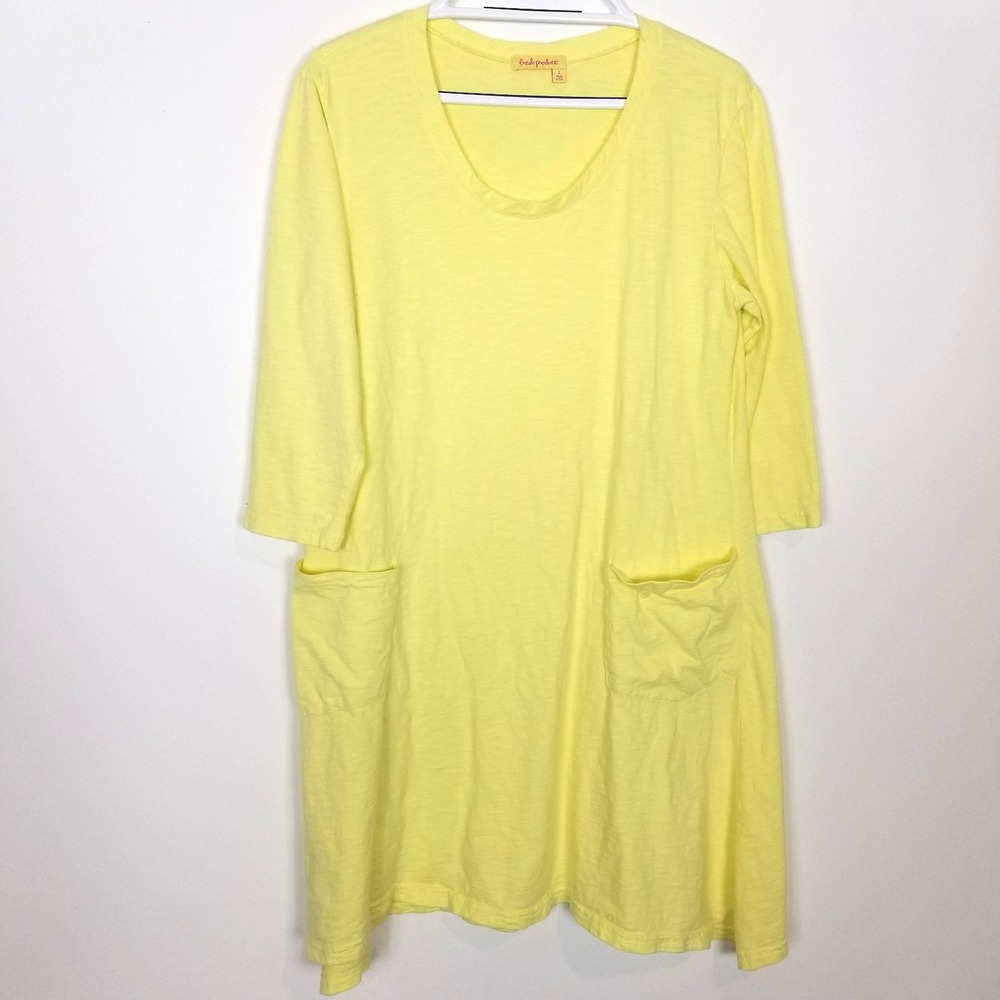 Fresh Produce Women Cotton Dress Sz L Yellow Pockets Lagenlook USA Comfort